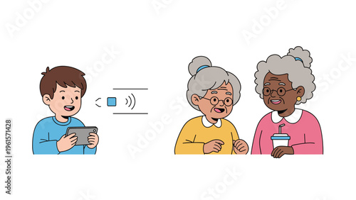 Intergenerational scene showing a young boy using a tablet next to two elderly women talking and enjoying a coffee together.