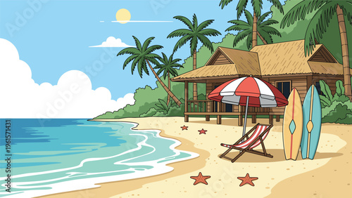 Idyllic tropical beach landscape featuring a wooden hut under palm trees with surfboards and a lounge chair by the ocean.