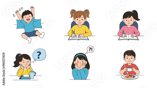 Set of cute illustrations depicting a child's daily routine including waking up, studying, eating, and thinking about questions.