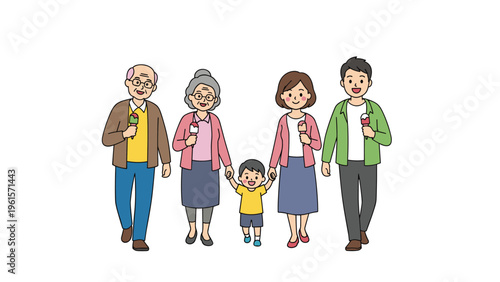 Multi-generational family with grandparents, parents, and a child walking together while enjoying colorful ice cream cones.