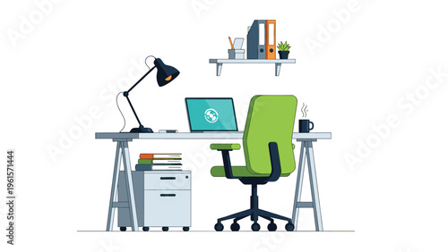 Minimalist and clean home office workspace featuring a white desk, green chair, laptop, and organized wall shelves.