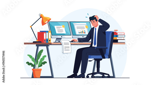 Overwhelmed businessman sitting at a cluttered desk with two monitors and stacks of files looking stressed and tired.