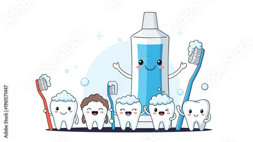 Funny and cute cartoon characters of teeth and a toothpaste tube happily cleaning themselves with colorful toothbrushes.
