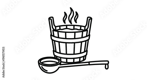 This classic vector graphic illustration depicts a traditional wooden sauna bucket emitting steam with a practical ladle resting alongside for an authentic relaxation design.