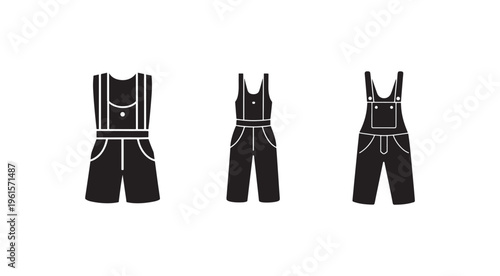 Black and white illustrations of three different types of overalls with white outlines on a white background