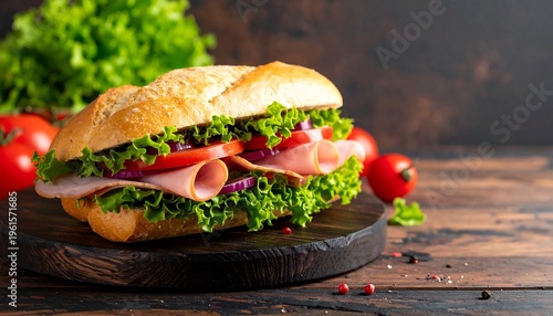 Delicious Ham and Lettuce Sandwich on a Wooden Board.