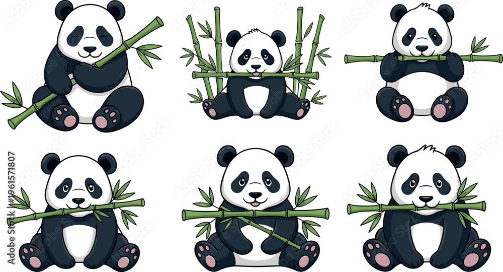 Obraz premium Cute Panda Vector Set Featuring Cartoon Pandas Eating Bamboo in Sitting Poses with Adorable Expressions for Kids Illustration and Wildlife Design
