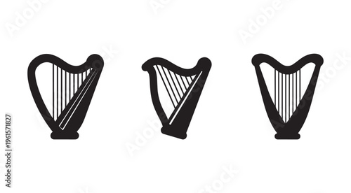 Black harp silhouettes in different positions on white background