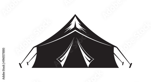 A black tent with white accents is shown in a simple illustration style