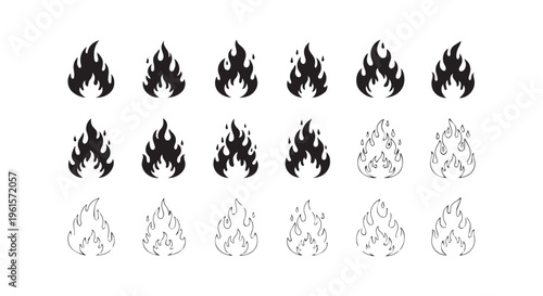 Collection of various flame icons in black and white colors