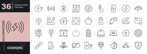 Charging icon set. Containing charge, battery, energy, electricity, charger, recharge, electric car, electric socket, and more. Editable line icons. Vector illustration.