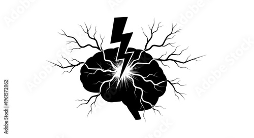 Human Brain Silhouette with Lightning Bolt and Cracked Texture, Mental Health Crisis and Emotional Stress Illustration, Psychological Pressure, Migraine and Anxiety Awareness Concept