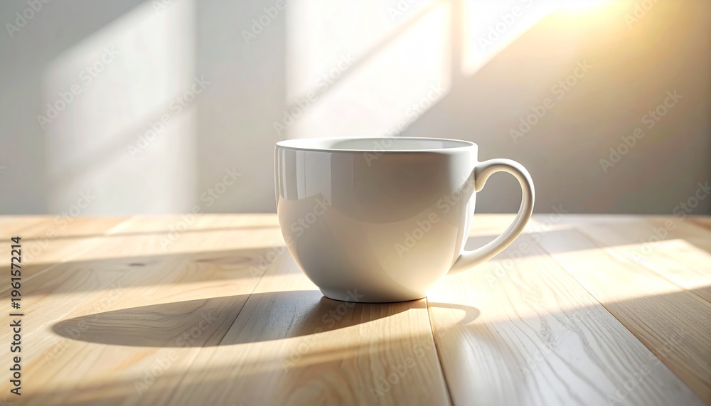 Fototapeta premium A pristine white ceramic mug sits on a sun-drenched wooden surface, casting a soft shadow under the warm morning light