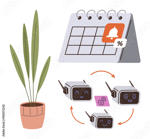Robotics, automation, scheduling, task management, productivity, organization. Calendar with reminder symbol, cute robot icons in a workflow loop and a potted plant. Robotics and automation
