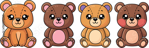Cute Teddy Bear Cartoon Vector Set Featuring Adorable Plush Characters with Big Eyes, Sitting Pose, and Kids Friendly Design Elements