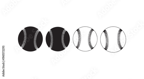 A set of four baseballs with different shades of black and white colors