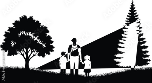Silhouette of parent with backpack holding hands with two children under trees, illuminated outdoor night scene symbolizing guidance, family protection, hiking, camping adventure