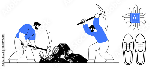 Machine learning, AI, manual labor, technology advancement, automation, conceptual design. Two workers breaking rocks with tools, an AI chip and shoes beside them. Machine learning and technology