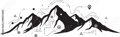 Stylized mountain range with geometric symbols and lines illustration