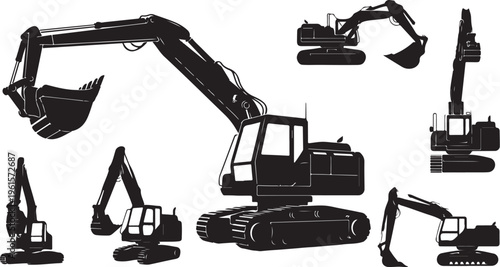 Collection of excavator silhouettes in various positions and sizes
