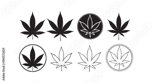 A collection of various cannabis leaf symbols in black and white colors