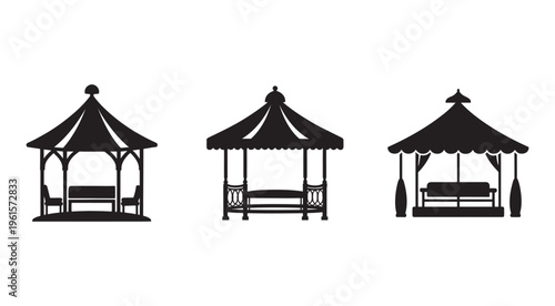 Black silhouettes of three different gazebos with benches and roofs  simple iconic designs