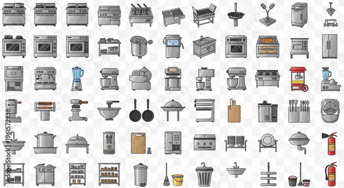 Commercial Kitchen Equipment, Stainless Steel Appliances, Restaurant Equipment, Catering Tools, Cooking Equipment Vector Collection for Professional Food Service Industry
