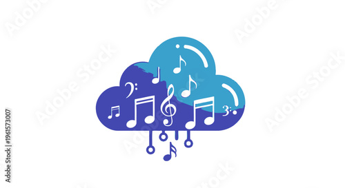 A blue cloud filled with musical notes, representing digital music streaming and cloud technology.