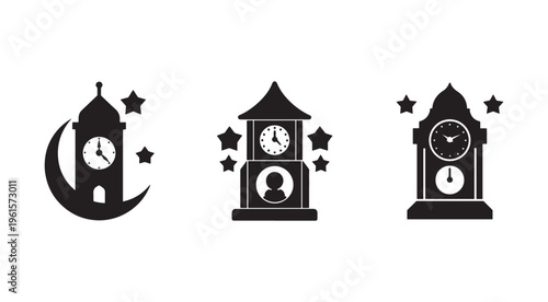 Blackandwhite clock tower silhouettes with stars and crescent moon  clock faces and astronomical symbols  decorative elements