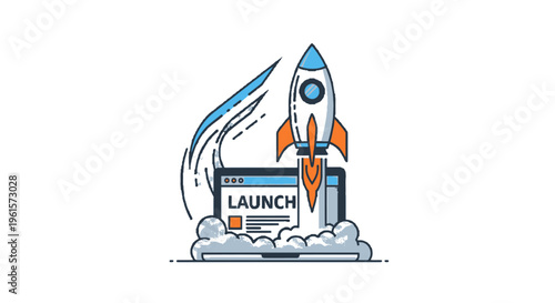 A rocket launching from a web browser window, symbolizing a product or project launch.