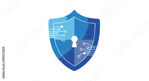 A blue digital security shield icon with a keyhole and circuit patterns, symbolizing cyber protection and data safety.