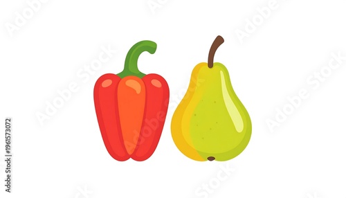A vibrant illustration features a red bell pepper alongside a ripe green pear, both on a clean white background