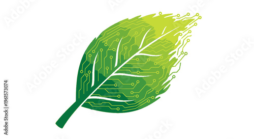A green leaf with intricate circuit board patterns for veins, symbolizing eco-friendly technology and sustainable innovation.
