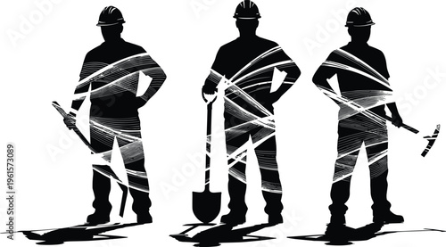 Silhouette of three construction workers wearing hard hats and holding hammer, shovel, and pickaxe, symbolizing teamwork, manual labor, industry, and buildi