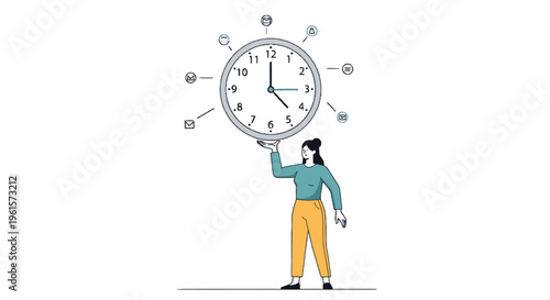 Woman balancing multiple tasks and responsibilities represented by a large clock with various activity icons.
