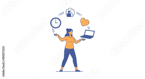 A woman juggling a clock, user icon, heart, and laptop, symbolizing multitasking and work-life balance.