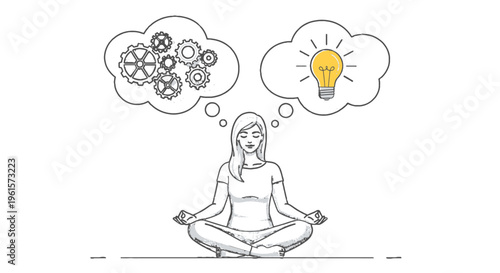 A woman meditating with thought bubbles showing gears and a lightbulb, symbolizing problem-solving and new ideas.