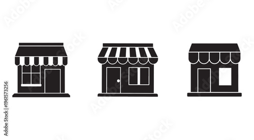 Blackandwhite illustrations of three different storefronts with awnings and windows and doors  shop icons