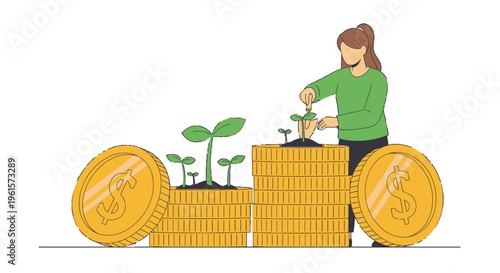 A woman nurturing small plants growing on stacks of gold coins, symbolizing financial growth and investment.