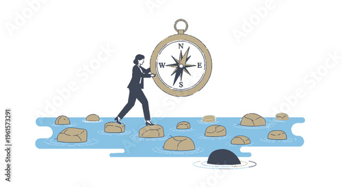 A businesswoman holding a large compass while carefully stepping on stones across a river, symbolizing guidance and overcoming challenges.