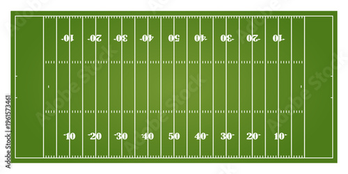 American football field vector illustration. Top view gridiron pitch layout. Aerial stadium grass background design. Professional football court marking template. Green sport field flat icon.