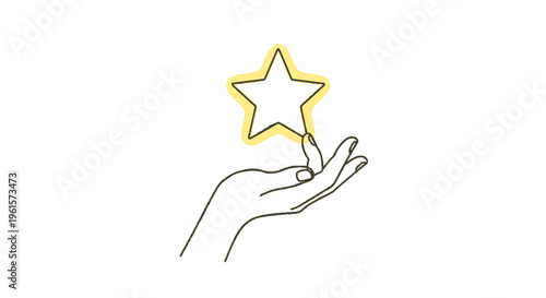 Simple line art illustration depicting a human hand gently holding a bright, glowing star, symbolizing achievement or quality.
