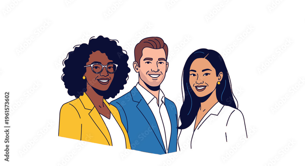 Fototapeta premium Diverse group of three smiling professionals, two women and one man, depicted in a friendly illustration.