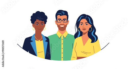 Illustration of a diverse group of three smiling people, including a Black woman, a man with glasses, and a woman with long dark hair, representing teamwork and community.