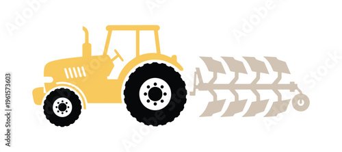 Simple side profile of a tractor with plow in flat vector illustration style on white.