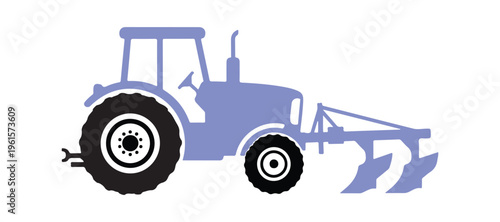 Clean and simple illustration of a tractor with plow in flat vector design, isolated on white.