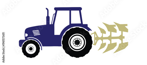 Modern flat style vector icon of a tractor with plow in side profile on a white backdrop.