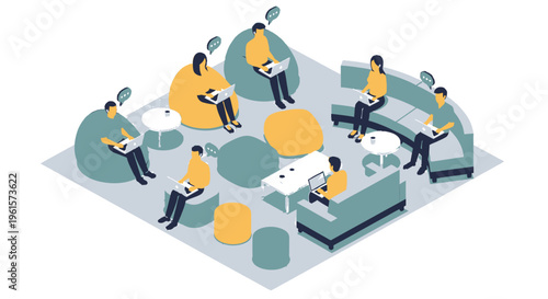 Isometric illustration of people working collaboratively in a modern, informal office lounge with laptops and speech bubbles.