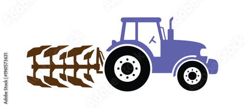 Basic tractor with plow icon in flat style, shown from the side and isolated on white.