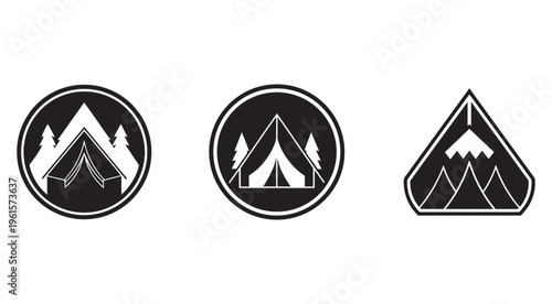 Camping and mountain icons set with tent and trees silhouette  outdoor adventure symbols